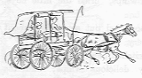 Horse driven carriage moving swiftly with people in it.