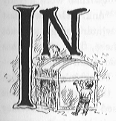 In (illuminated letters and a person standing before a very tall trunk that is twice his height.)