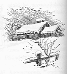 Snowy house with a fence covered in snow.