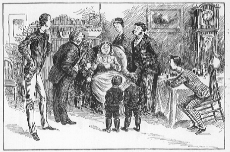 Mrs. Peterkin sitting in a chair looking shocked with a crowd of people all around her.