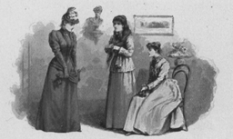 Three women talking, two stand and one is seated.