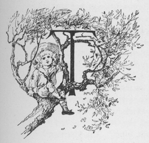 Child sitting in a tree. T (illuminated capital for The)