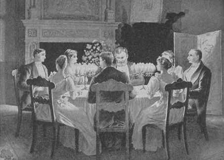 Group of men in suits and women in dresses sitting around a dining table.
