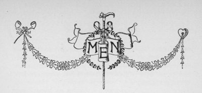 Banner and garland with pipes holding up one end and a heart at the other. Caption: Men.