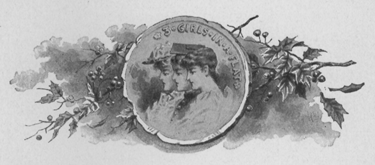 drawing of medallion, three girl's faces, one with a hat, one with a mortarboard and one with hair dressed naturally, on top of flowers. Edge of medallion reads '3 girls in a flat.'