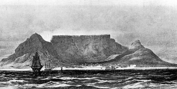 Cape Town and Table Mountain, with a ship in the foregrouns, from the ocean