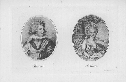 Man with powdered hair wearing shirt with tall collar and medal. Woman with powdered hair and lacy dress.