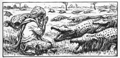 seated man surrounded by crocodiles