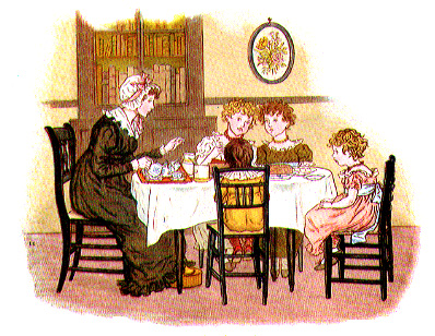 woman pouring tea and four children sitting at a table