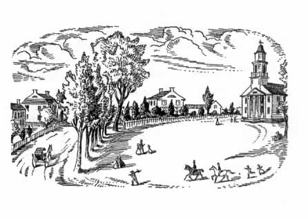 large open field for the town square, surrounded by a lane with trees, houses, and a building with a steeple