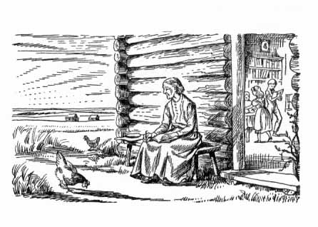 an older woman sitting on a bench outside a farmhouse, with children busy inside