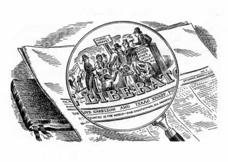 A magnifying glass enlarging an illustration from the 'Liberator'