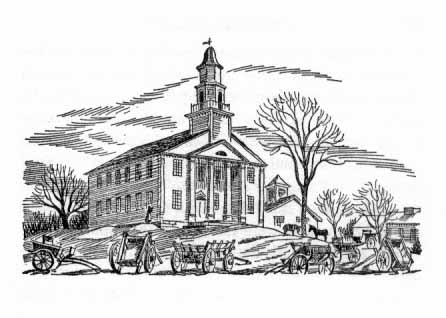 carriages drawn up in front of the town hall, a building with a steeple